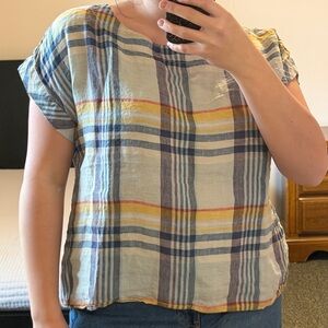 LL Bean Signature Linen Plaid Short Sleeve Top